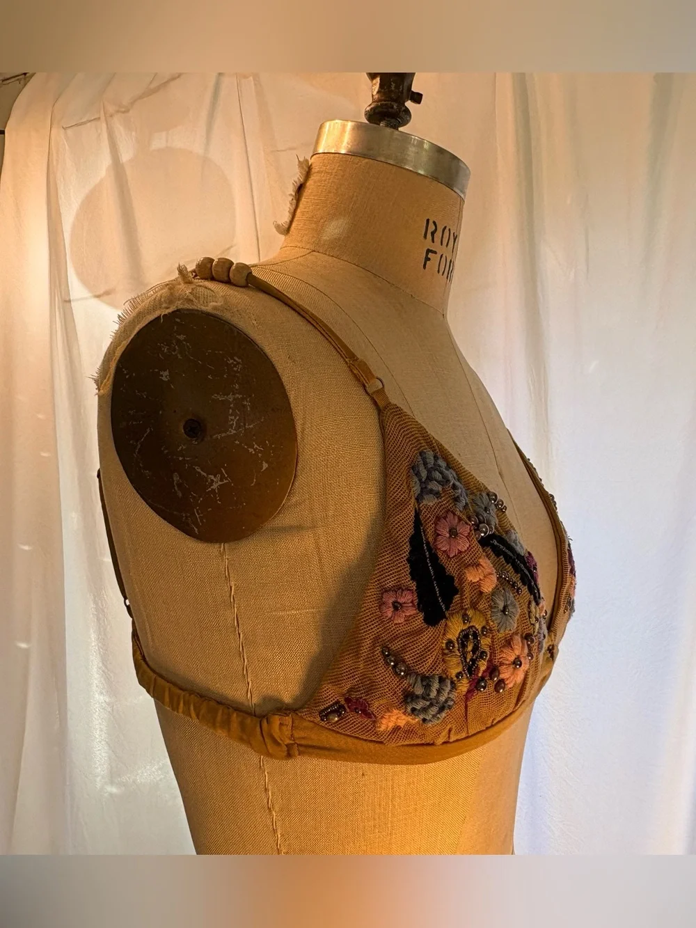 Intimately Free People Embroidered Beaded Floral Mesh Bralette Mustard Size L - Picture 3 of 8